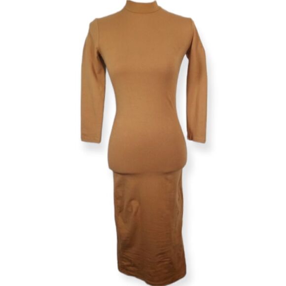 FOREVER 21 CAMEL MOCK TURTLENECK BODYCON MIDI DRESS SZ.S EUC - Picture 1 of 6
